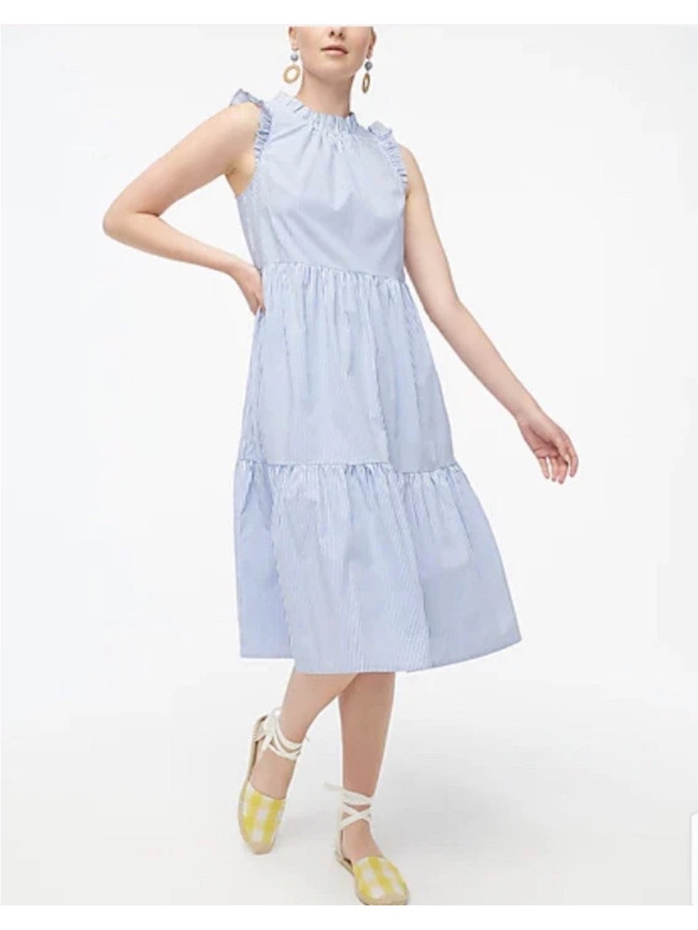 J. Crew Blue White Stripe Seersucker Tiered Midi Dress Ruffle Neck and Sleeve 14
